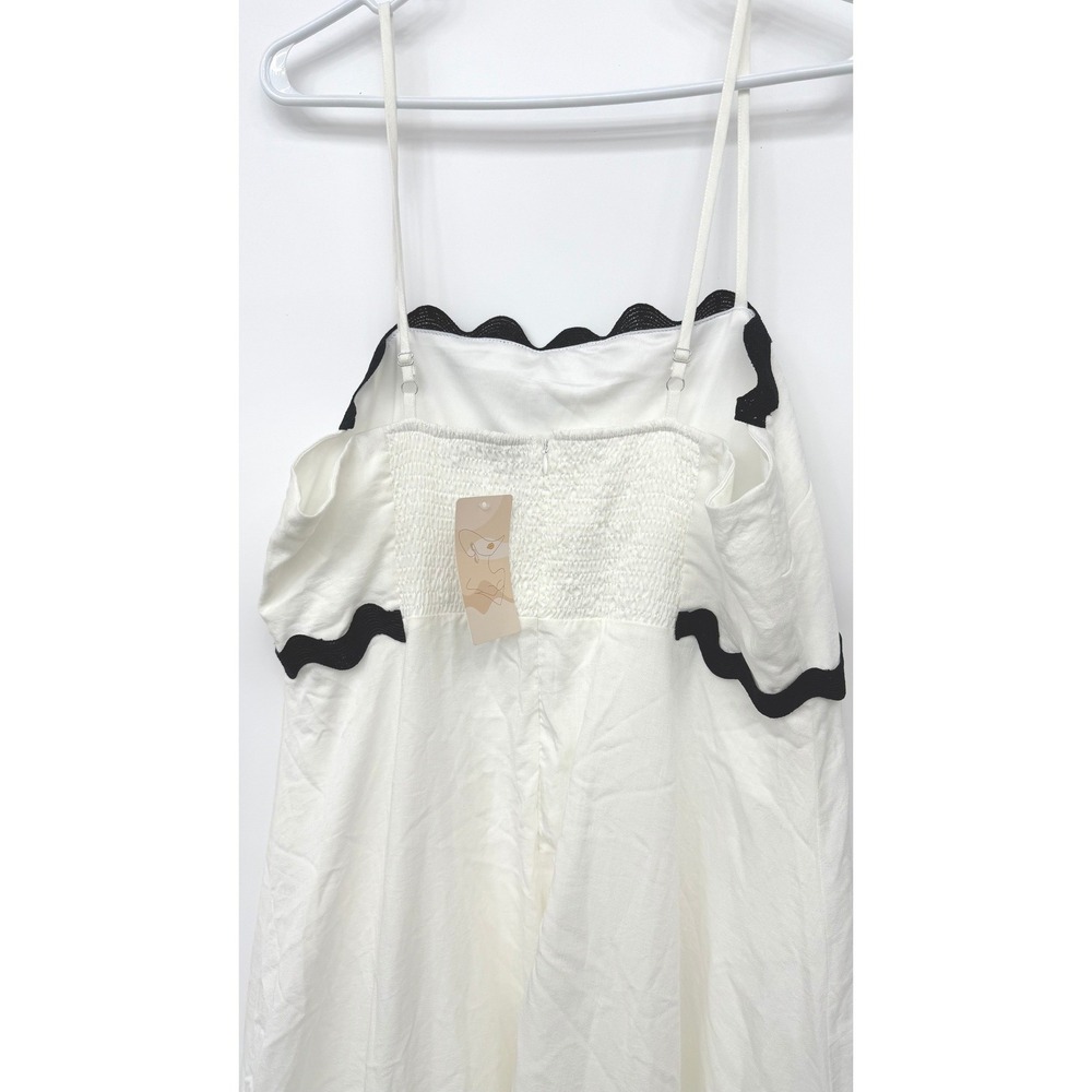 NWT White Linen Maxi Dress Black Ric Rac Trim Smocked Back Size L - Picture 7 of 8